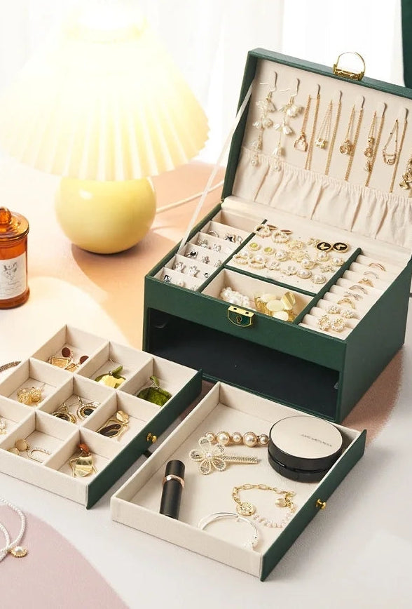 Light Luxury Leather Jewellery Box – 3-Layer Drawer Organiser