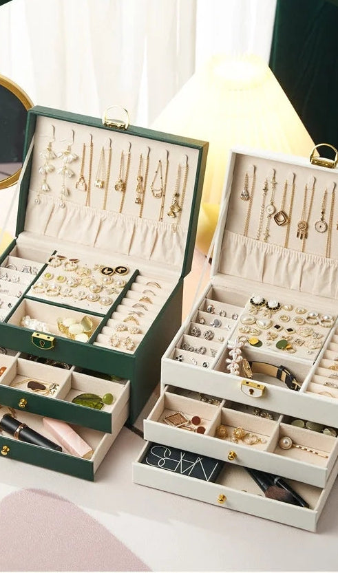 Light Luxury Leather Jewellery Box – 3-Layer Drawer Organiser